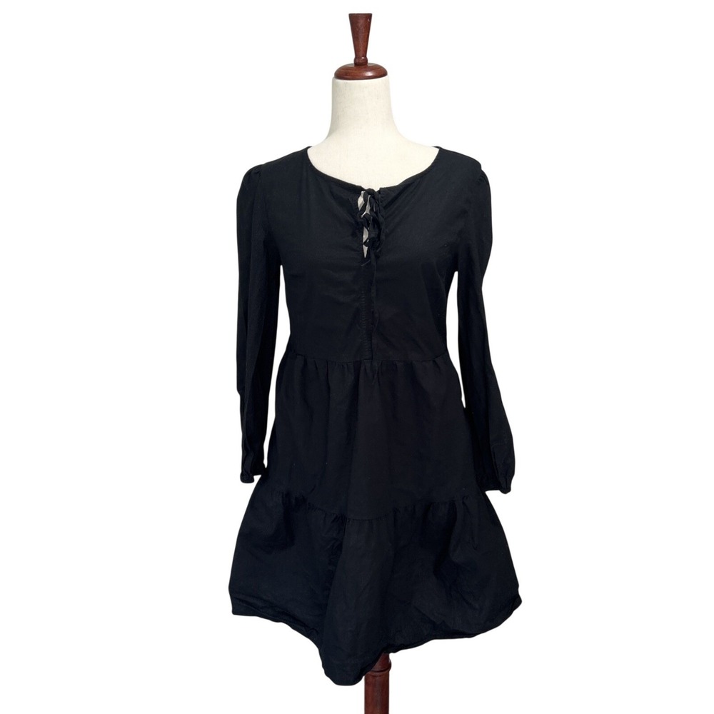 Joie Small Dress Black Cotton A-Line Longsleeve Tiered Preppy Tie Neck